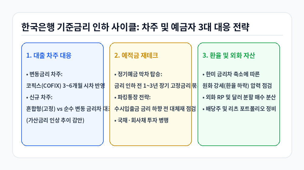 한국은행 기준금리 인하 사이클 차주 및 예금자 3대 대응 전략 인포그래픽