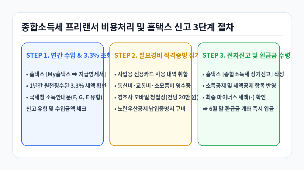 종합소득세 프리랜서 비용처리 및 홈택스 전자신고 3단계 절차 인포그래픽