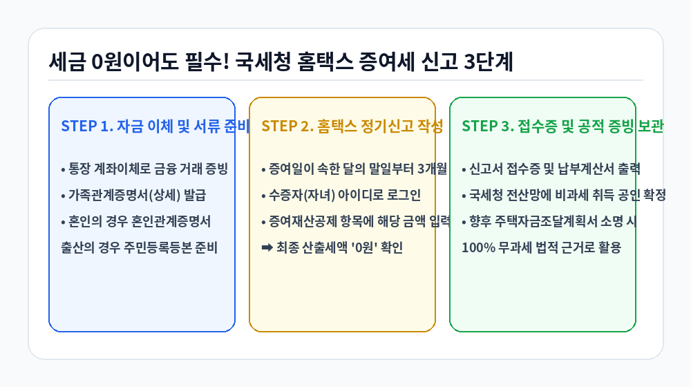 국세청 홈택스 증여세 비과세 신고 3단계 절차 인포그래픽