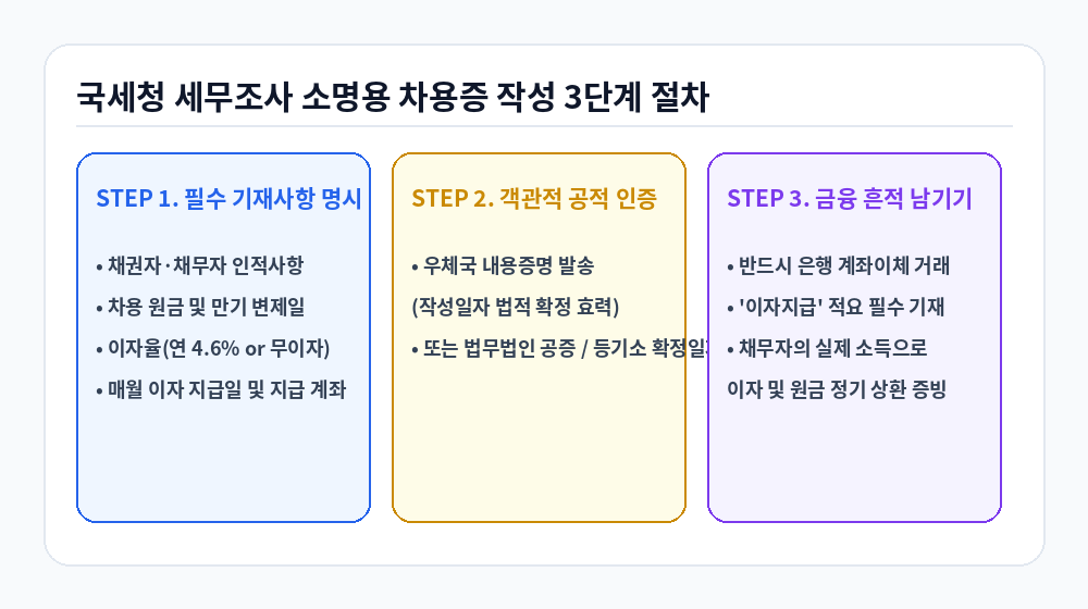 가족간 차용증 작성 3단계 내용증명 및 금융 거래 증빙 절차 인포그래픽