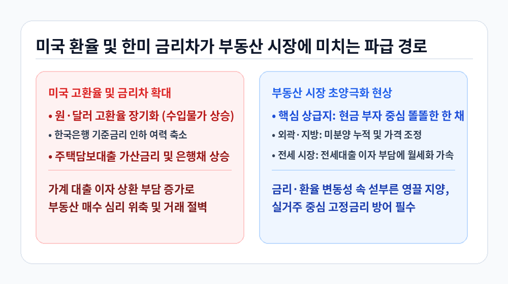 미국 환율 및 한미 금리차가 부동산 시장에 미치는 파급 경로 인포그래픽