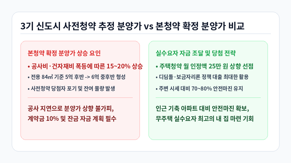 3기 신도시 사전청약 추정 분양가 본청약 확정 분양가 비교 인포그래픽