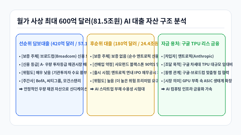 월가 81조 AI 가속기 대출 매각 구조 및 브로드컴 보증 인포그래픽