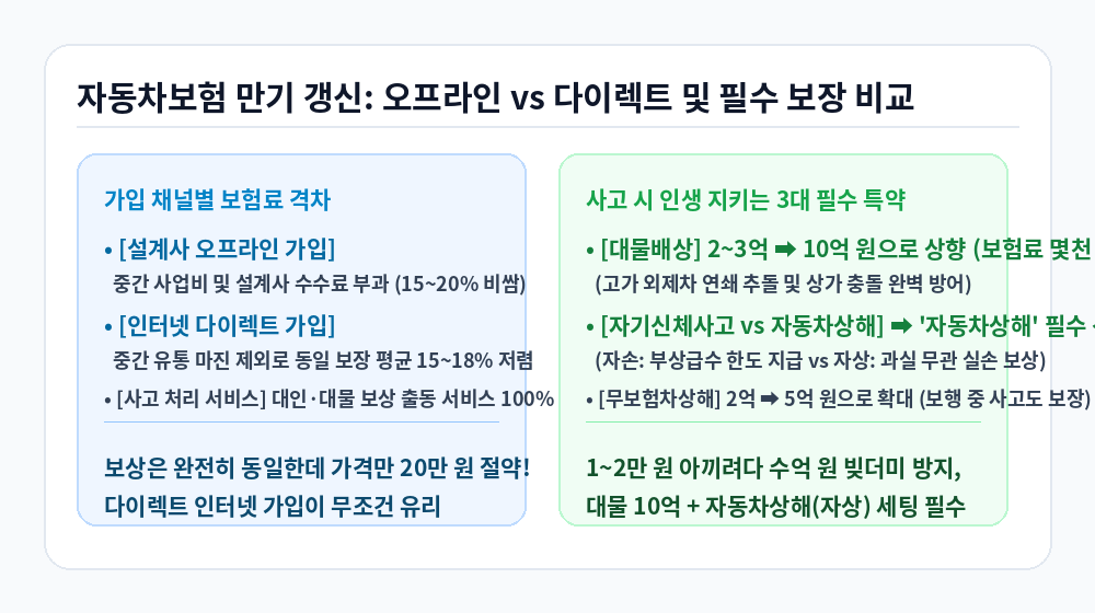자동차보험 만기 갱신 다이렉트 비교 및 필수 보장 세팅 인포그래픽