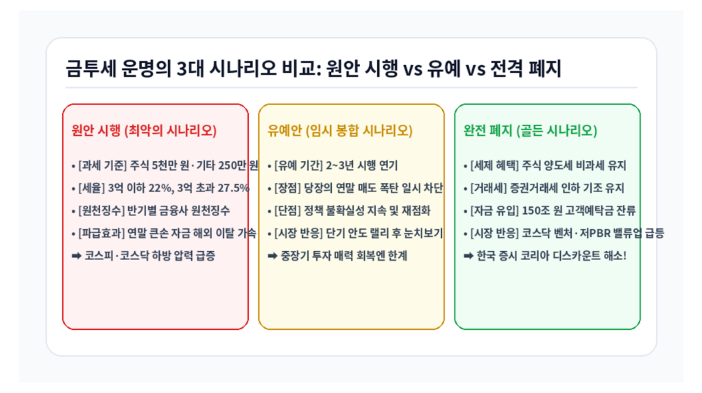 금투세 폐지 확정 발표일 및 원안 유예 폐지 3대 시나리오 비교 인포그래픽