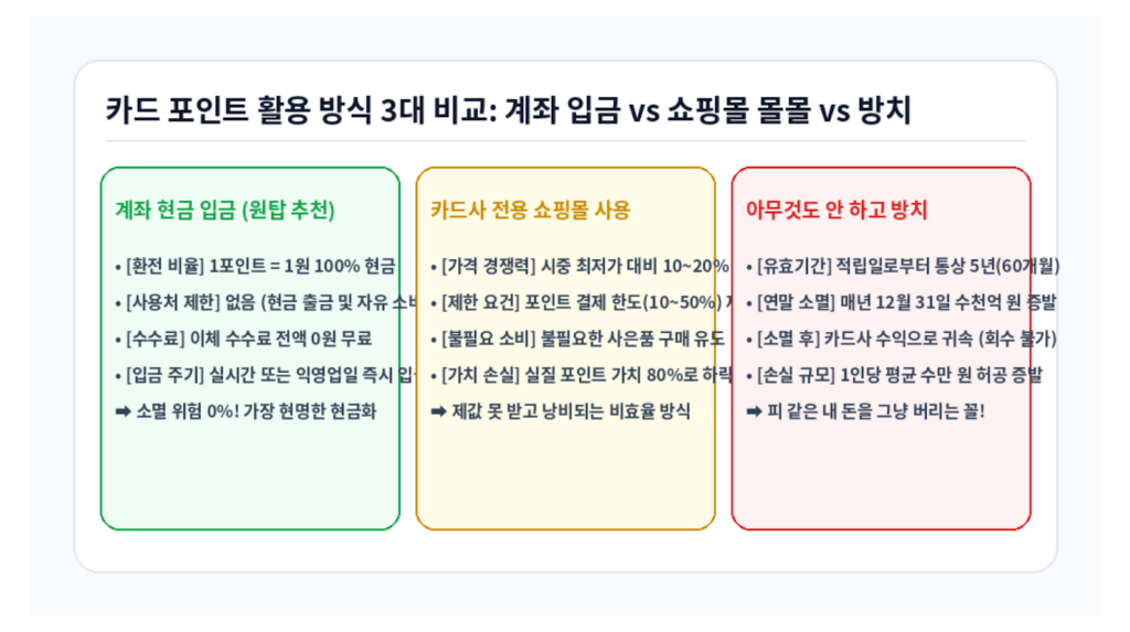 카드 포인트 활용 방식 3대 비교 계좌 입금 vs 쇼핑몰 몰몰 vs 방치 인포그래픽