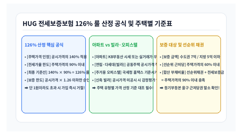HUG 전세보증보험 126% 룰 산정 공식 및 주택별 기준표 인포그래픽