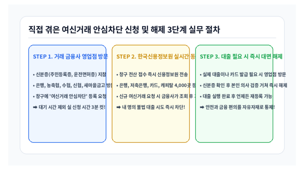 직접 겪은 여신거래 안심차단 신청 및 해제 3단계 실무 절차 인포그래픽