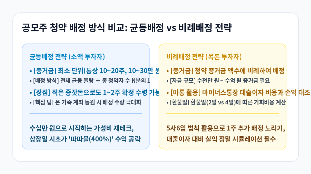 10월 공모주 청약 일정 균등배정과 비례배정 전략 비교 인포그래픽
