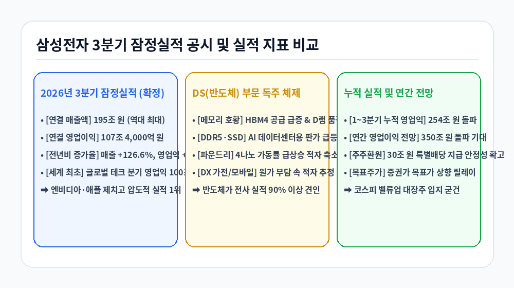 삼성전자 3분기 잠정실적 공시 및 실적 지표 비교 인포그래픽