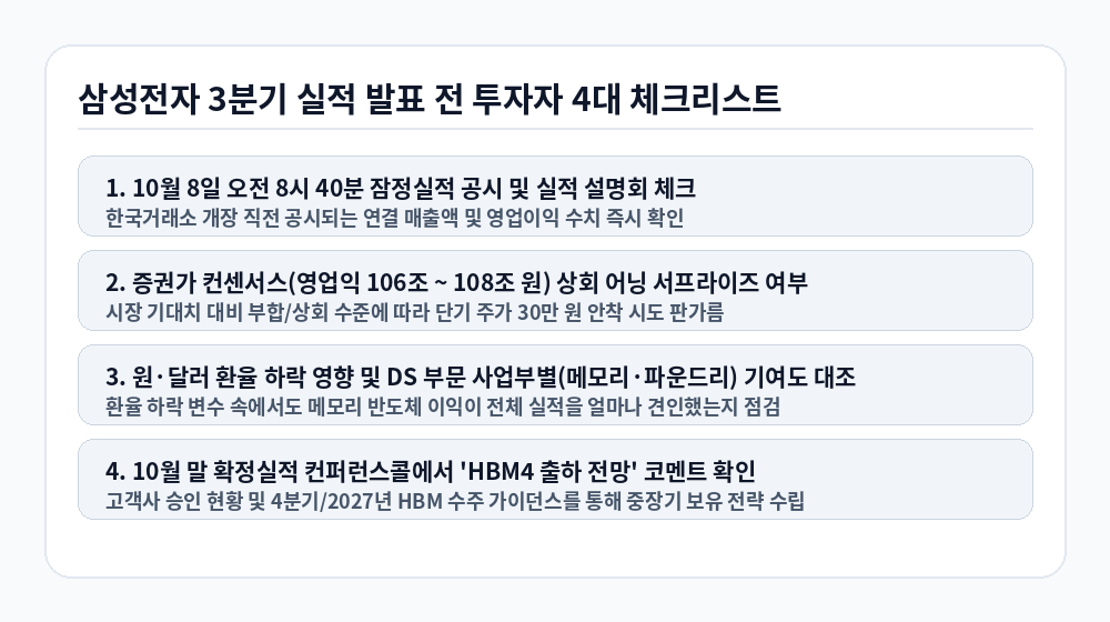 삼성전자 3분기 실적 발표 전 필수 확인 체크리스트 인포그래픽